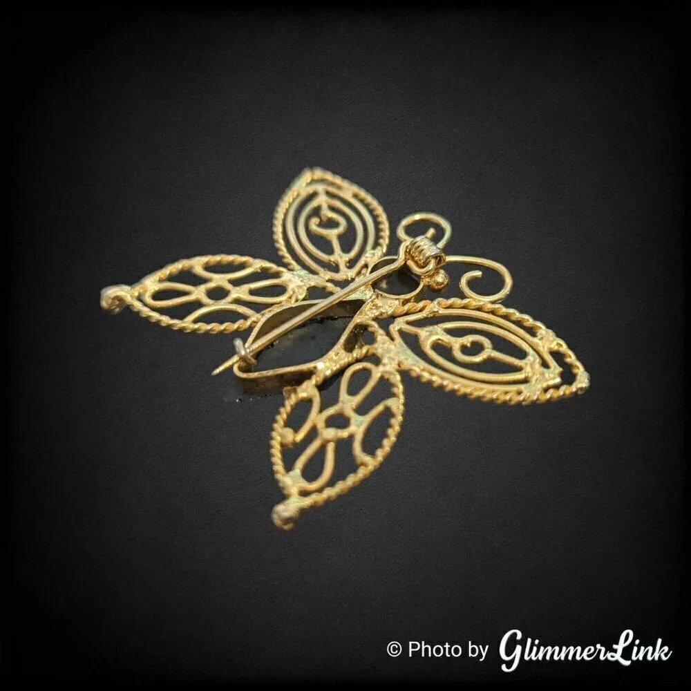 Vintage Butterfly Filigree Black Rhinestones Gold Tone Brooch Pin